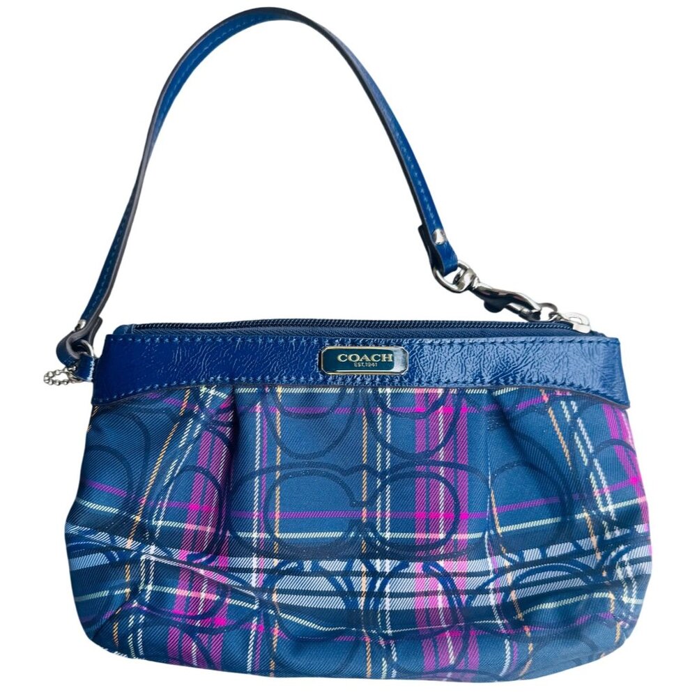 Coach Blue Tartan Plaid Canvas/Leather Wristlet Purse
